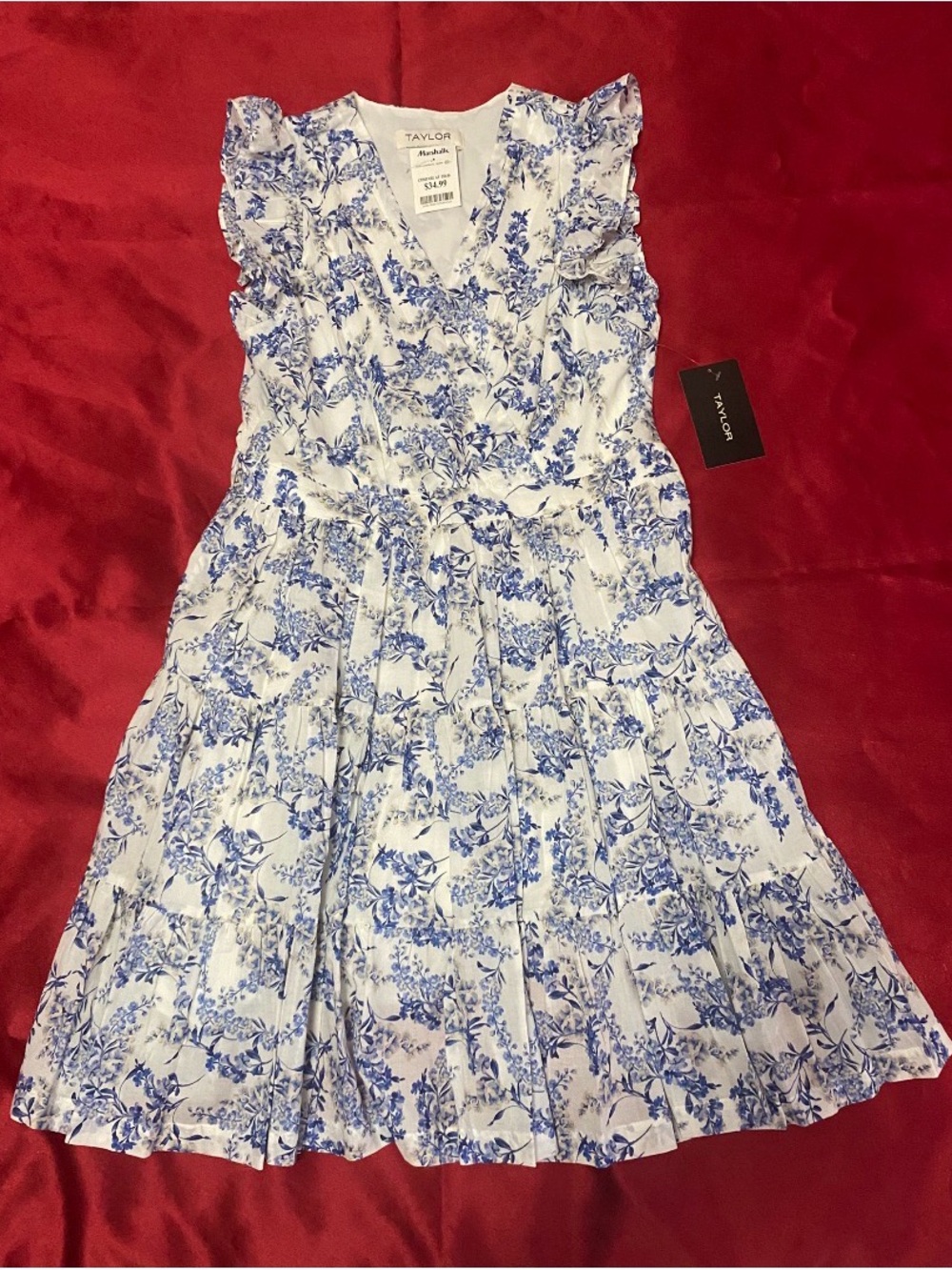 Taylor White Midi Dress with Blue Floral Print and Ruffle Shoulders